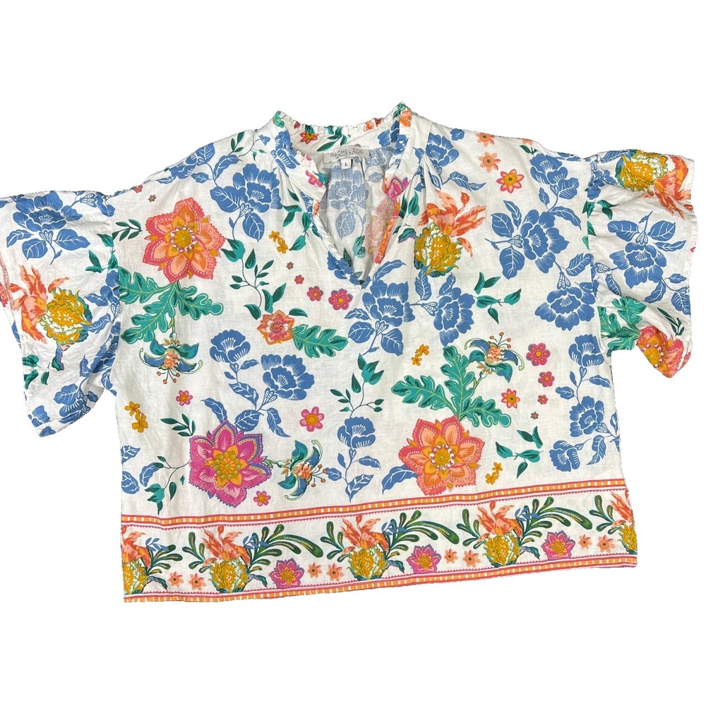 Rachel Zoe Linen Boho Floral Boxy Top Ruffle Flutter Sleeve Blouse White L